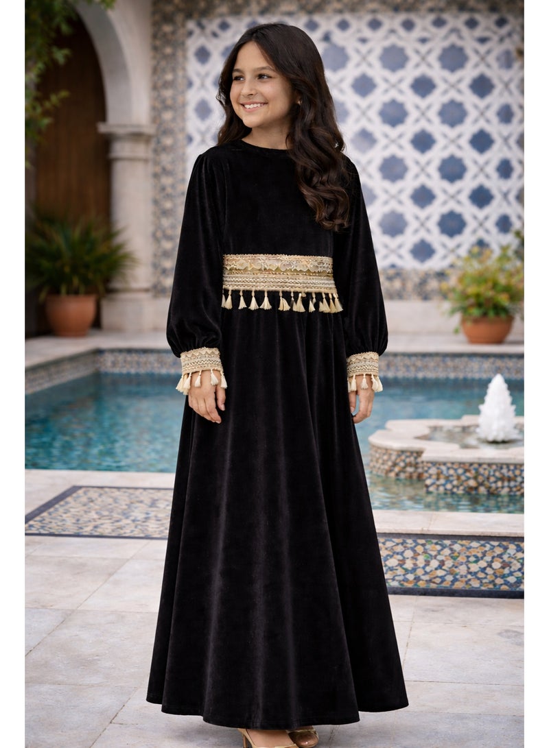 فستان رمضاني مخملي للبنات مع شرّابات/زينة منفصلة، عباية إسلامية بأكمام طويلة، فستان ماكسي تقليدي محتشم للأطفال. - Image 1